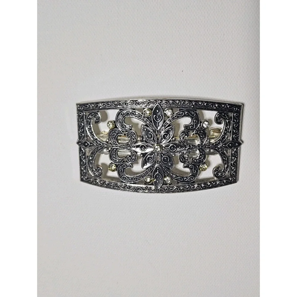 Vintage Silver Tone Filigree Hair Barrette Ornate Victorian Floral French Clip